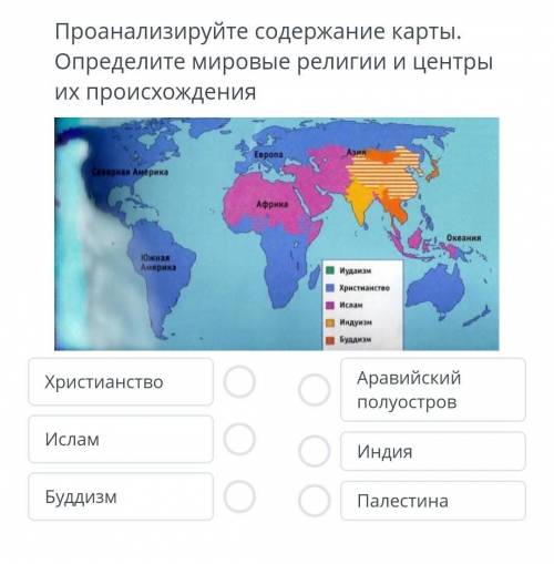 Проанализируйте содержание карты. опеределите мировые религии и центры их происхождения. ​