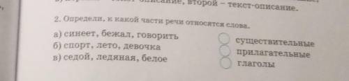 Определи,к какой части речи относятся слова. синеет, бежал, говоритьСпорт, лето, девочка. Седой, лед