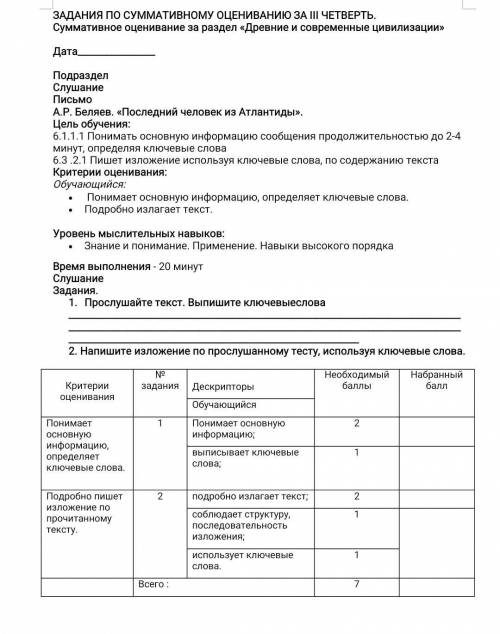 Напишите изложение по прослушанному тесту, используя ключевые слова. последний человек из Атлантиды