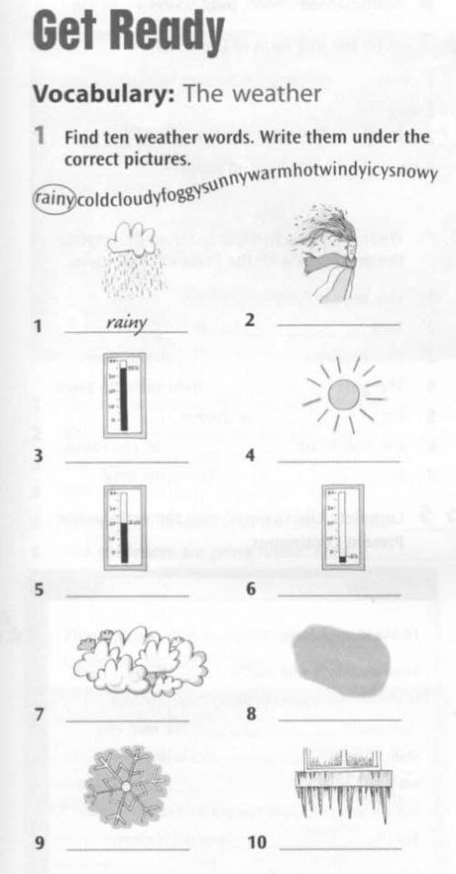 Найдите десять слов о погоде и напишите их под правильными картинками