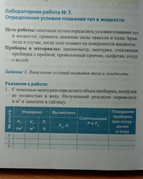 Лабораторная работа № 7. Определение условия плавания тел в жидкости. заполнить таблицу и решение ​