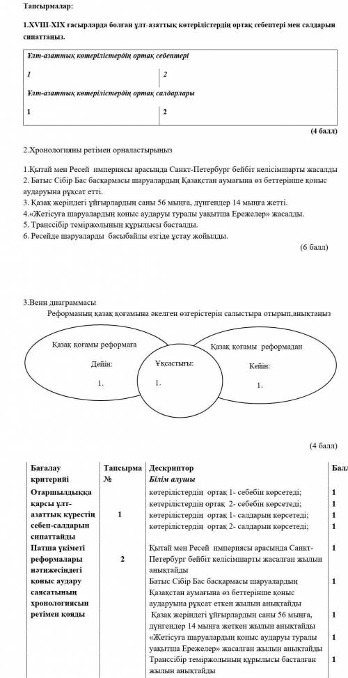 1.XVIII-XIX ғасырларда болған ұлт-азаттық көтерілістердің ортақ себептері мен салдарын сипаттаңыз со