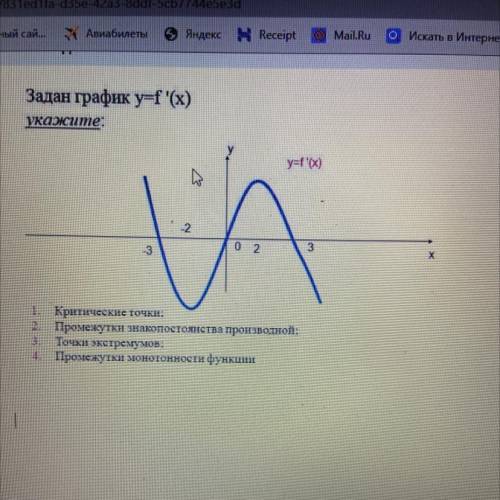 Задан график y=f(x) укажите: у y=f'(х) -2 02 3 -3 X 1. Критические точки: 2. Промежутки знакопостоян