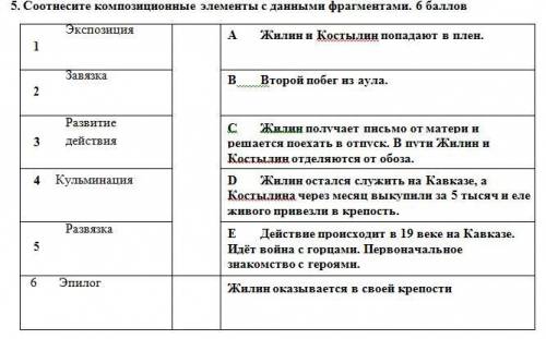 5. Соотнесите композиционные элементы с данными фрагментами. Экспозиция 1 А Жилин и Костылин попадаю