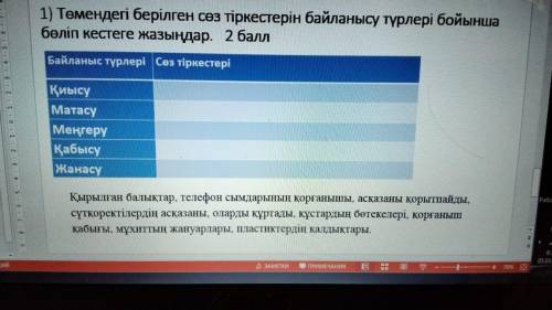 Төмендегі берілген сөз тіркестерін байланысу түрлері бойынша бөліп кестеге жазыңдар. Байланыс түрле