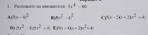 1. Разложите на множители: 5х4 – 80А)5(х – 4) 2В)5х2 – 42С)5(х – 27х + 2х2 + 4)D) (5х2 – 8) 5х2 +4)