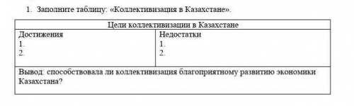 1. Заполните таблицу: «Коллективизация в Казахстане». Цели коллективизации в КазахстанеДостижения1.2