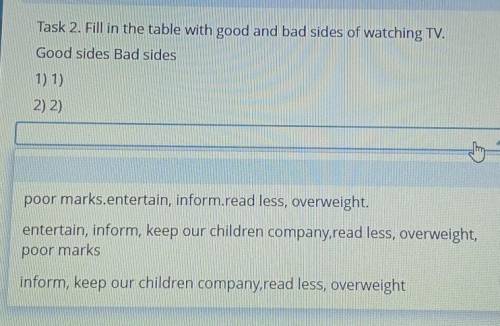 Task 2. Fill in the table with good and bad sides of watching TV. Good sides Bad sides1) 1)2) 2)thin