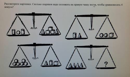 Рассмотрите картинки. Сколько шариков надо положить на правую чашу весов, чтобы уравновесить 4 конус