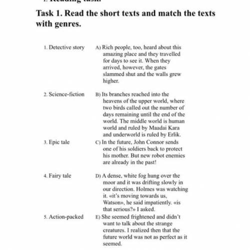 I. Reading task. Task 1. Read the short texts and match the texts with genres. 1. Detective story A)