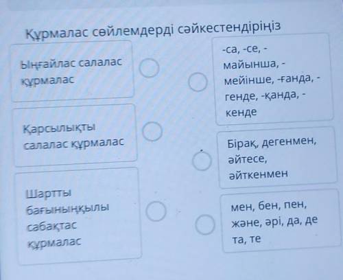 Құрмалас сөйлемдерді сәйкестендіріңіз Ыңғайлас салаласқұрмалас-ca, -се, -майынша, -мейінше, -ғанда,