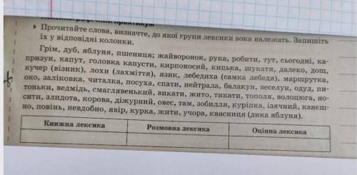 Прочитайте слова, визначте, до якої групи лексики вони належать. Запишіть їх у відповідні колонки.