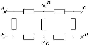 Сопротивления всех резисторов по 1 Ом. Найти эквивалентное сопротивление схемы относительно зажимов