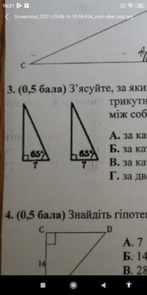 З'ясуйте за якими елементами прямокутні трикутники зображені на малюнку рівні між собою