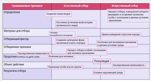 Распределите по колонам, биология 9 класс. Естественный и искусственный отбор.