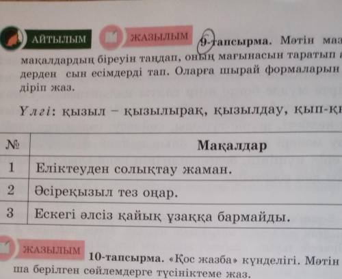 9 - тапсырма . Мәтін мазмұнына қатысты макалдардың біреуін таңдап , оның мағынасын таратып айт .Мақа