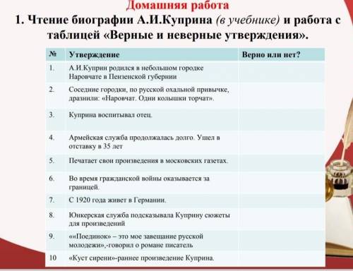 Чтение биографии Куприна и работа с таблицей ВЕРНЫЕ И НЕВЕРНЫЕ УТВЕРЖДЕНИЯ​