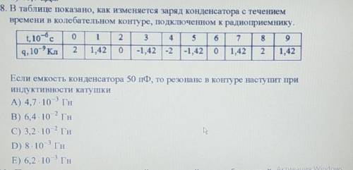 В таблице показано, как изменяется заряд конден сатора с течениемвремени в колебательном контуре, по