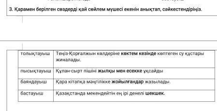 Қарамен берілген сөздерді қай сейлем мүшесі екенін анықтап, сәйкестендіріңіз. Толықтауышпысықтауыш |