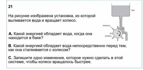 На рисунке изображена установка, из которой выливается вода и вращает колесо.А. Какой энергией облад