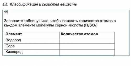 Заполните таблицу ниже, чтобы показать количество атомов в каждом элементе молекулы серной кислоты (