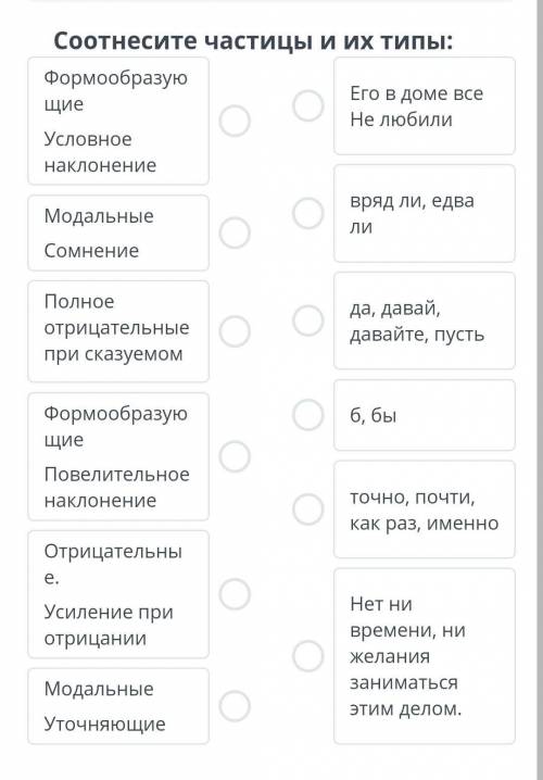 5 ВРЕМЯ НА ВЫПОЛНЕНИЕ:16:45ТЕКСТ ЗАДАНИЯСоотнесите частицы и их типы:ФормообразующиеУсловное наклоне