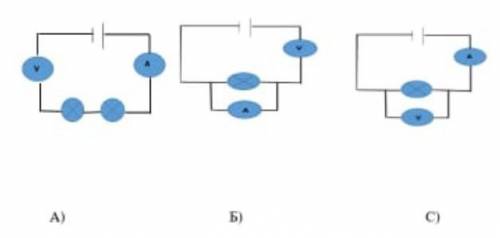 Выполните указанные ниже задачи. A) Укажите на схеме правильный амперметр (A) и вольтметр