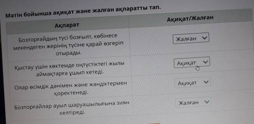 Бозторғай Мәтін бойынша ақиқат және жалған ақпаратты тап.АқпаратАқиқат/ЖалғанБозторғайдың түсі бозғы