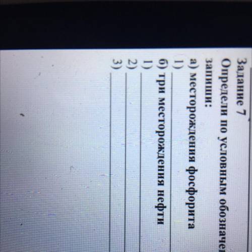 Задание 7 Определи по условным обозначениям и Запиши: а) месторождения фосфорита 1) б) три месторожд