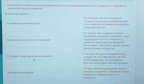 Соотнесите в правильной последовательности этапы развития феодального государства с периодом и харак