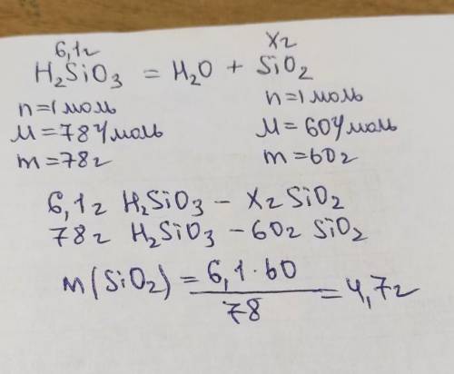 При разложении 6,1 г кремниевой кислоты образуется диоксид кремния массой: 1) 1 грамм 2) 2 грамм 3)