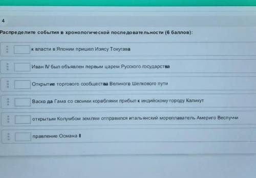 4 Распределите события в хронологической последовательности ( ):к власти в Японии пришел Изясу Токуг