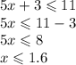 5x + 3 \leqslant 11 \\ 5x \leqslant 11 - 3 \\ 5x \leqslant 8 \\ x \leqslant 1.6