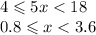 4 \leqslant 5x < 18 \\ 0.8 \leqslant x < 3.6