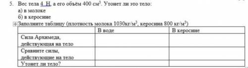 нужно Вес тела 4 Н, а его объём 400 см3. Утонет ли это тело: а) в молоке б) в керосине Заполните таб