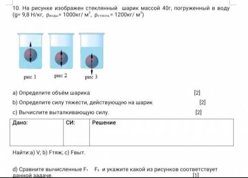 На рисунке изображен стеклянный шарик массой 40г, погруженный в воду (g= 9,8 Н/кг,  ρводы= 1000кг/ м