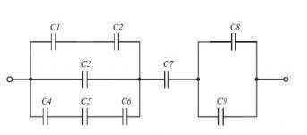 Конденсаторы   одинаковой емкости соединены по схеме, изображенной на рисунке. Вычислите электроемко