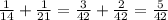 \frac{1}{14}+\frac{1}{21}=\frac{3}{42}+\frac{2}{42}=\frac{5}{42}