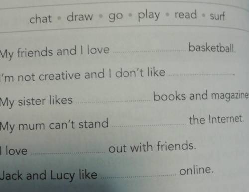 6 Complete the sentences with the ing forms of these verbschat draw • go play.read • surf1 My friend