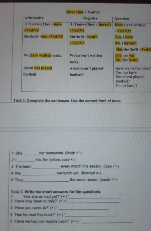 Task 1. Complete the sentences. Use the correct form of have. 1 She213 The teamher homework (finish
