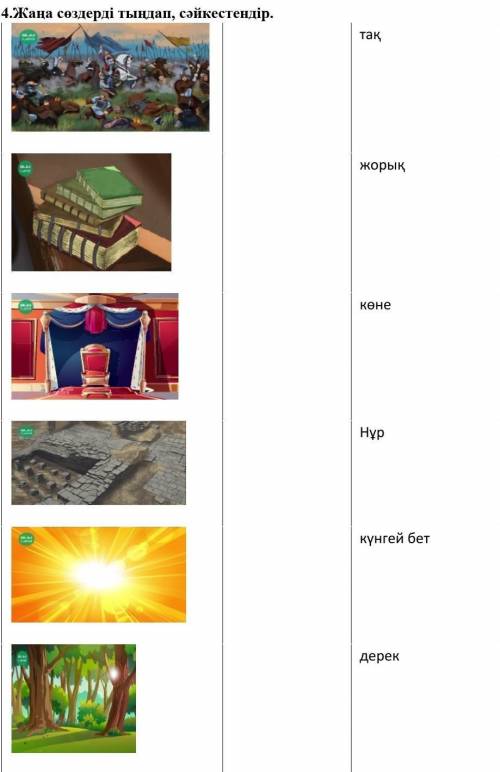 4.Жаңа сөздерді тыңдап, сәйкестендір. тақ жорық көне Нұр күнгей бет дерекотдал все свой их всего 74