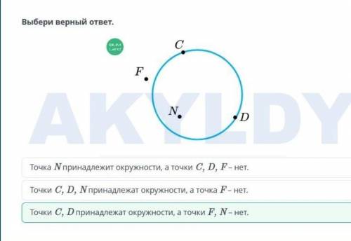 F DТочки С, D, принадлежат окружности, а точка F- нет.=Точки С, D принадлежат окружности, а точки F.