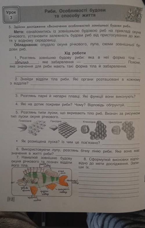 Біологія 7 клас дослідження Визначення особливостей зовнішньої будови риби див. мал​