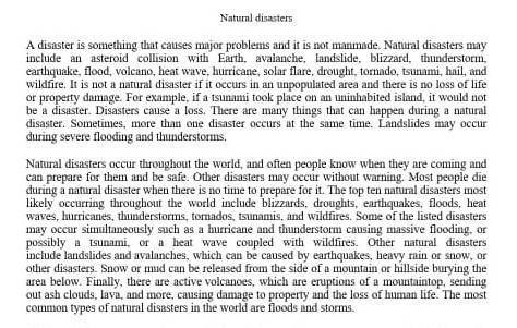 1.A catastrophe that occurs in nature or by natural processes and causes loss of life is: a) a manma