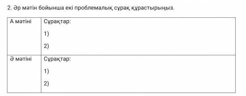 2. Әр мәтін бойынша екі проблемалық сұрақ құрастырыңыз. А мәтініСұрақтар:1)2)Ә мәтініСұрақтар:1)2) к