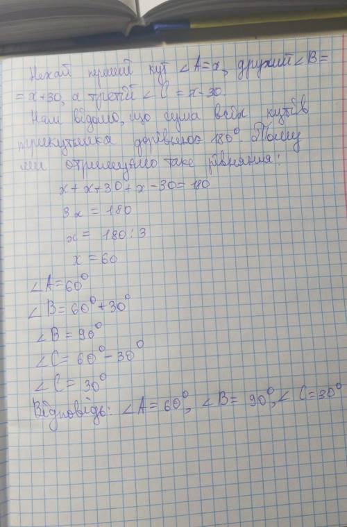 Один з кутів трикутника на 30° більший за другий і на 30° менший від третього.знайдіть кути цього тр