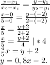 \frac{x-x_1}{x_2-x_1} =\frac{y-y_1}{y_2-y_1} \\\frac{x-0}{5-0}=\frac{y-(-2)}{2-(-2)} \\\frac{x}{5}=\frac{y+2}{2+2} \\\frac{x}{5}=\frac{y+2}{4} \ |*4\\\frac{4}{5}x =y+2 \\y=0,8x-2.