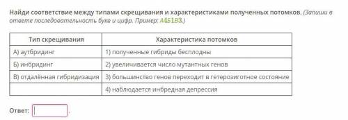 Найди соответствие между типами скрещивания и характеристиками полученных потомков. (Запиши в ответе