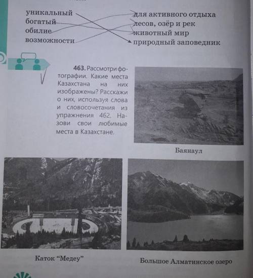 463. Рассмотри фо- тографии. Какие местаКазахстана На НИХизображены? Расскажио них, используя словаи