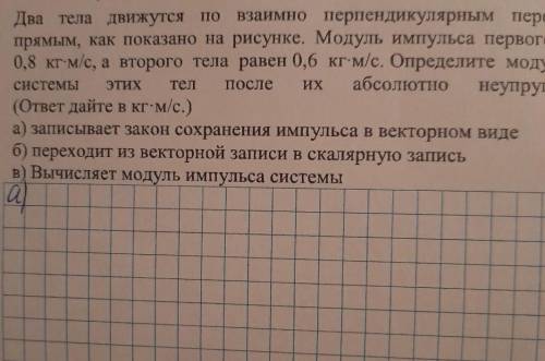 Два тела движутся по взаимно перпендикулярным пера прямым, как показано на рисунке. Модуль импульса